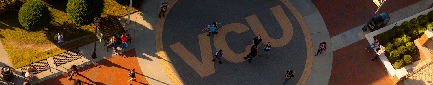 VCU campus aeriel with VCU logo on ground